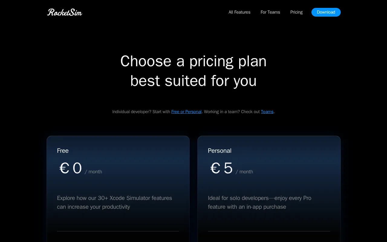 RocketSim for Xcode — pricing page