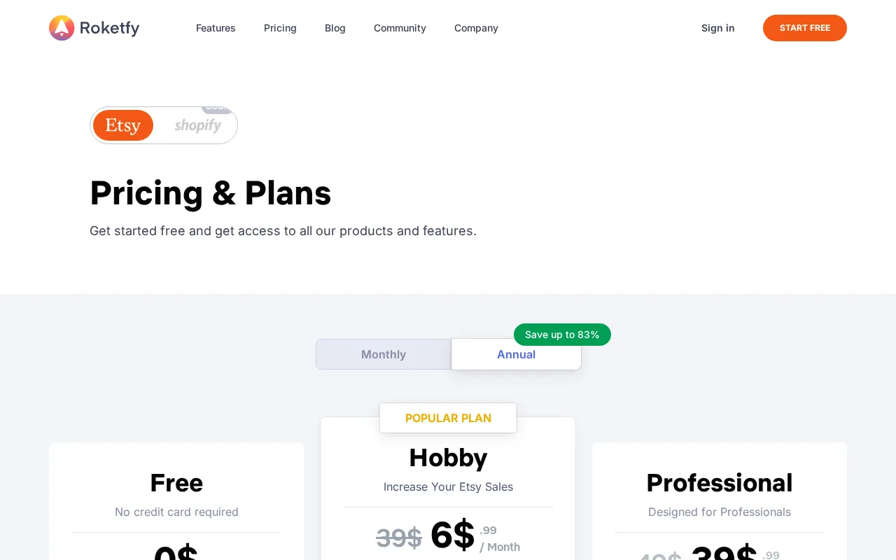 Roketfy — pricing page