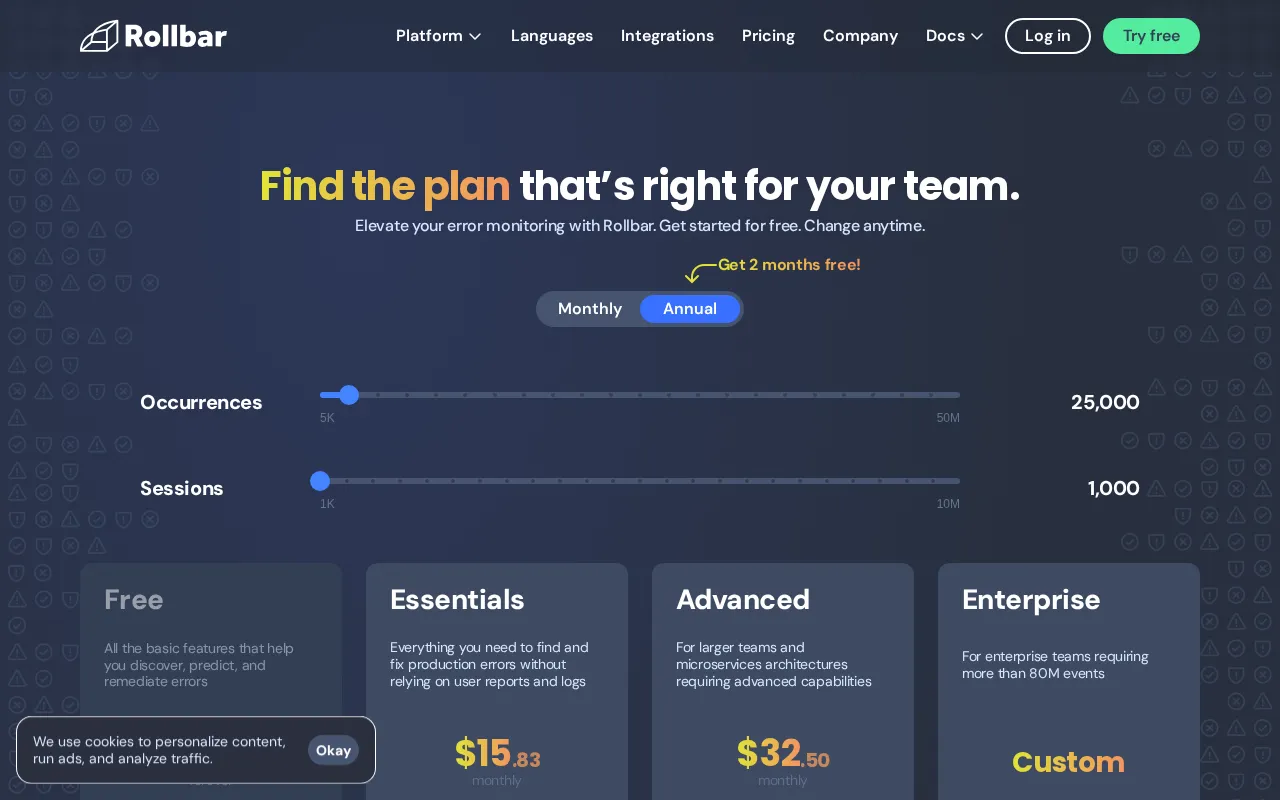 Rollbar — pricing page