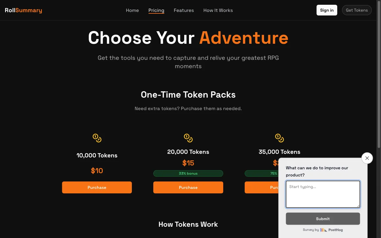 RollSummary — pricing page