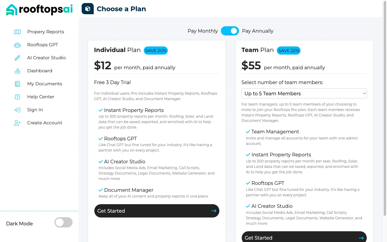 Rooftops AI — pricing page