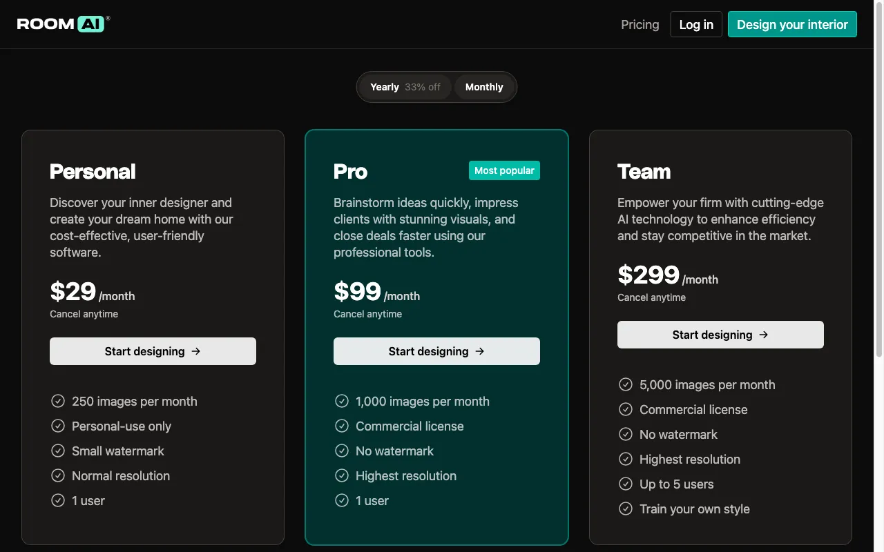 Room AI — pricing page