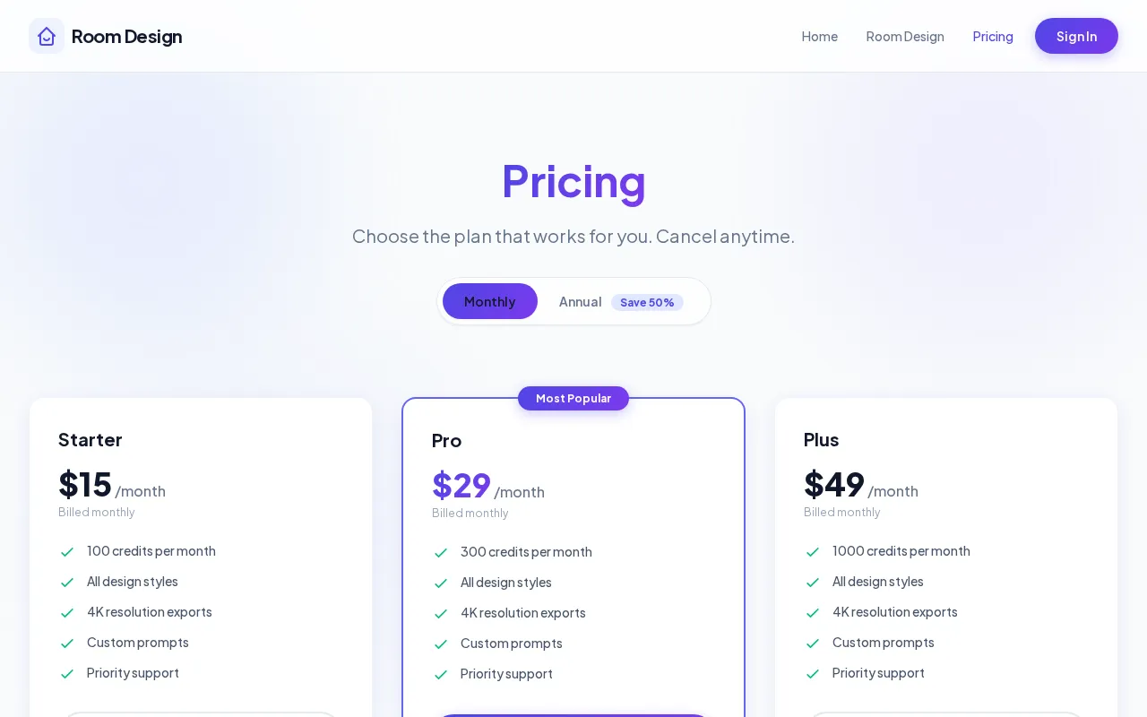 Room Design AI — pricing page