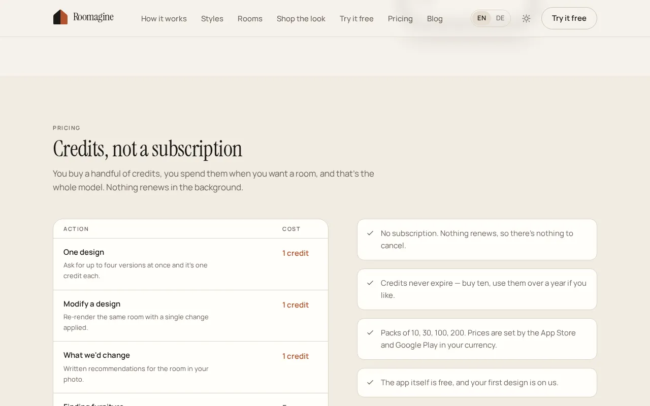 Roomagine — pricing page