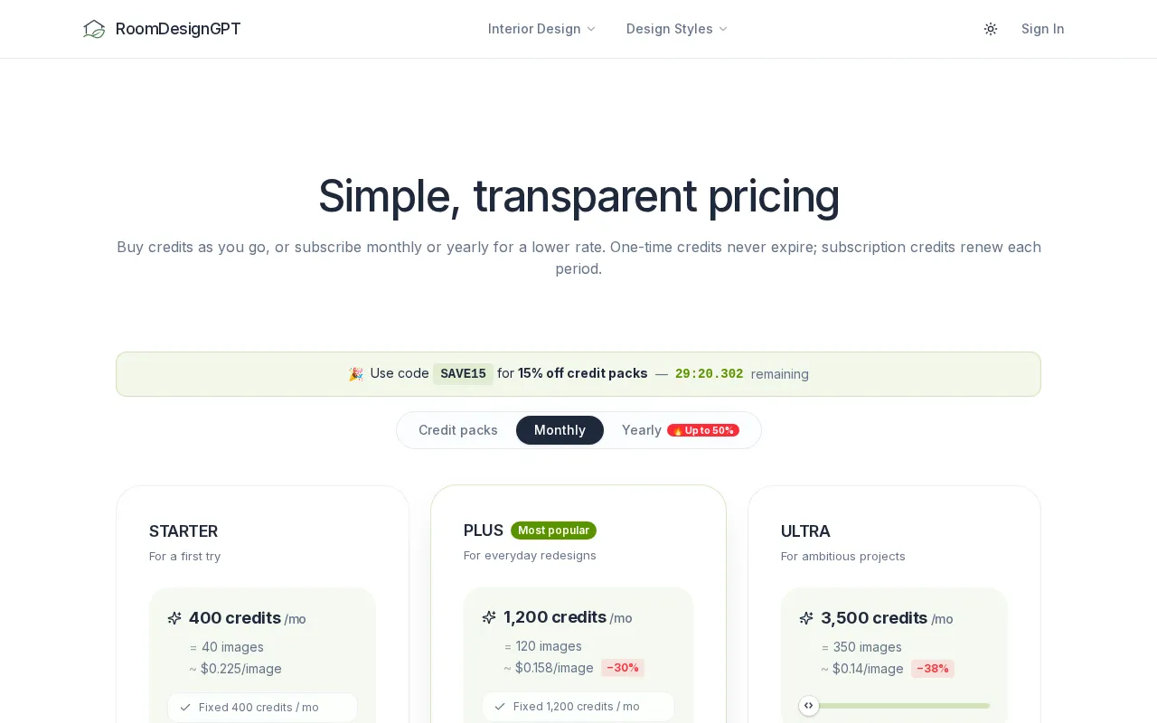 RoomDesignGPT — pricing page