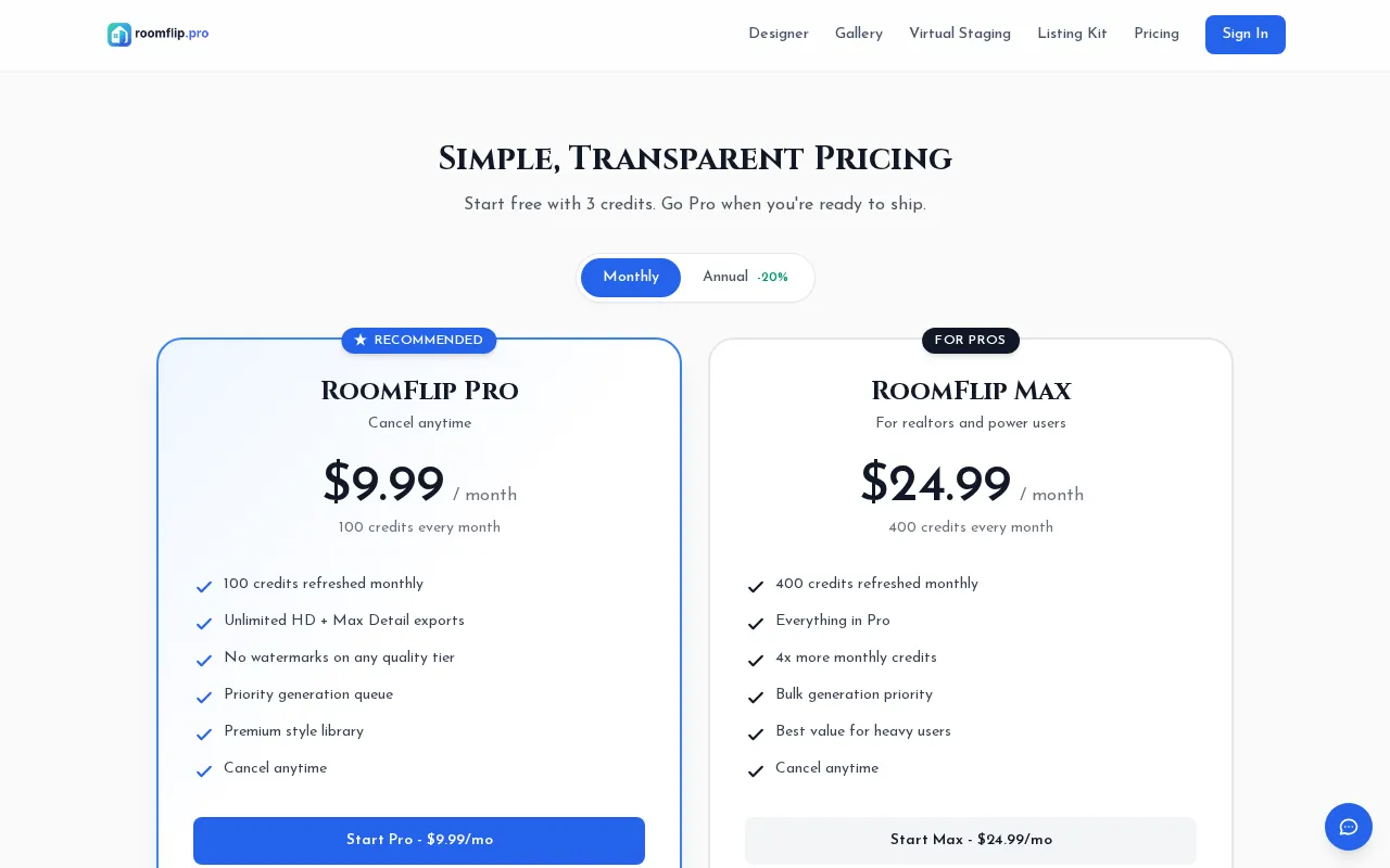 roomflip — pricing page