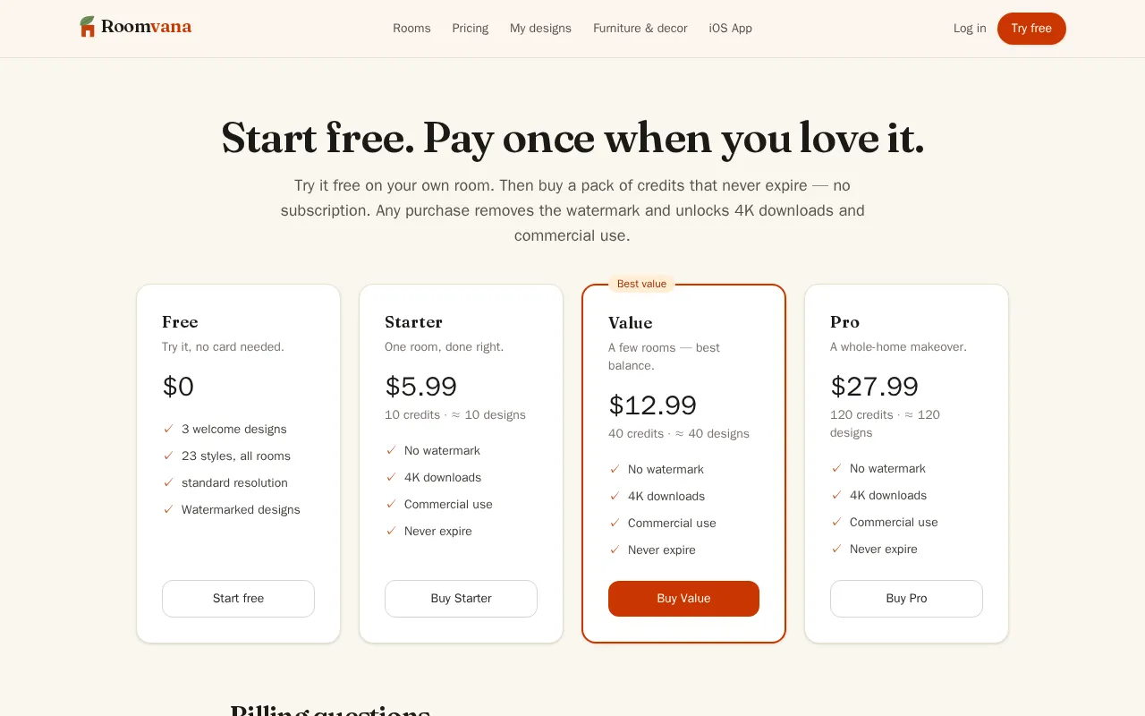 Roomvana — pricing page