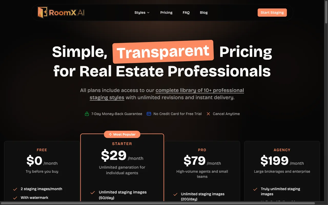 RoomX AI — pricing page