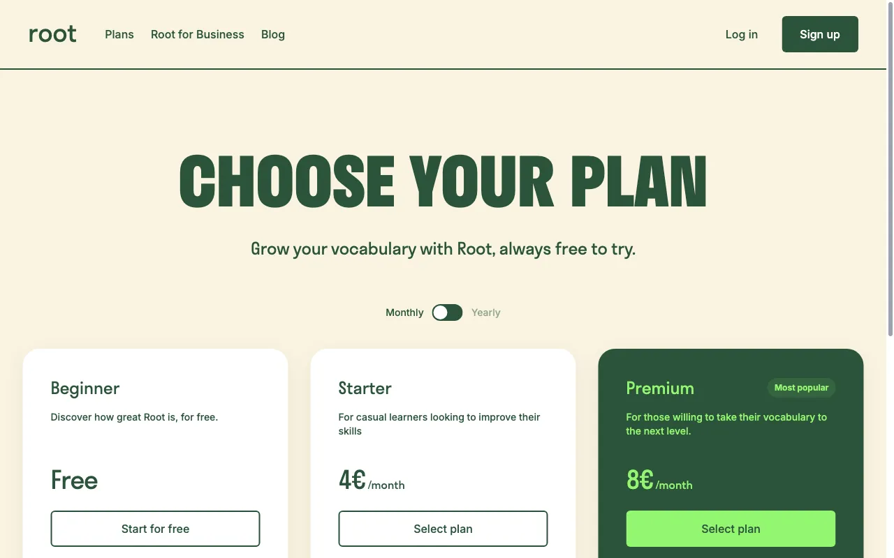 Root — pricing page