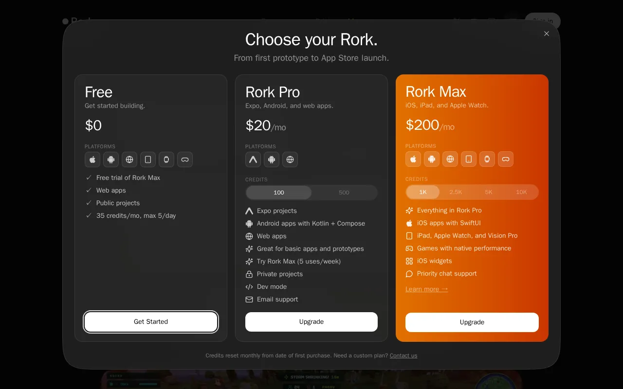 Rork — pricing page