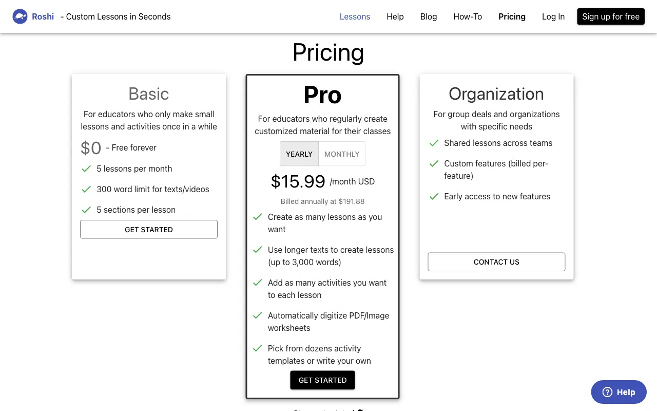Roshi AI — pricing page