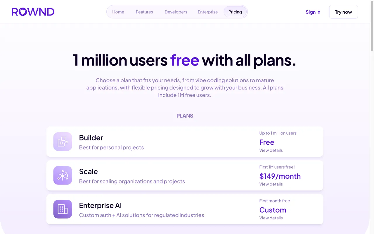 Rownd App Services Platform; 1M MAU Free — pricing page