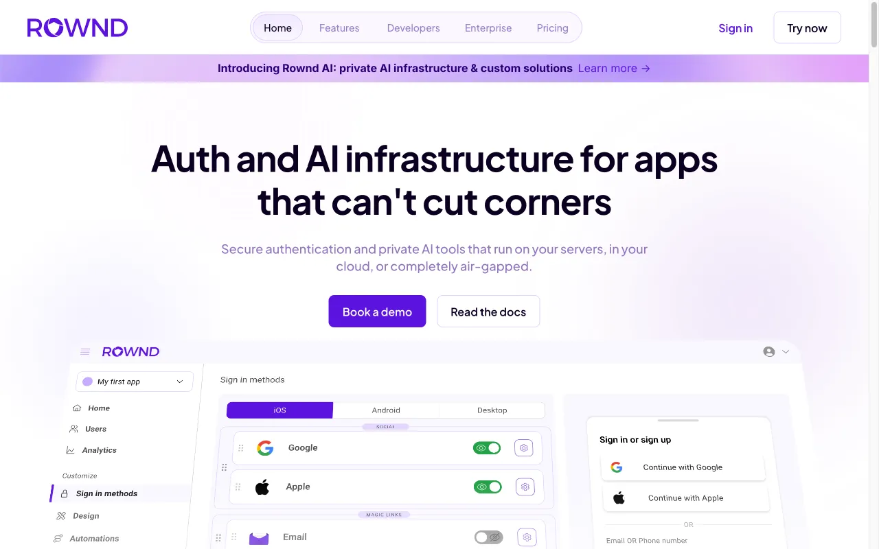 Rownd App Services Platform; 1M MAU Free — preview screenshot