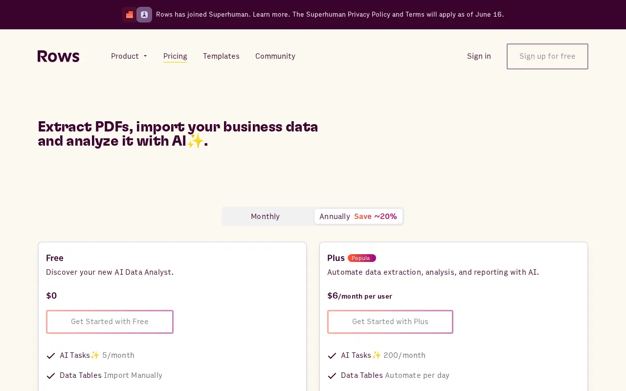 Rows AI — pricing page
