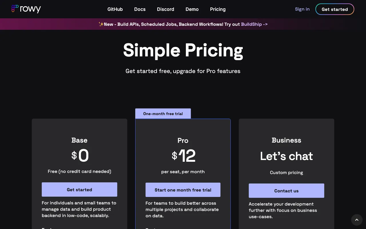 rowy.io — pricing page