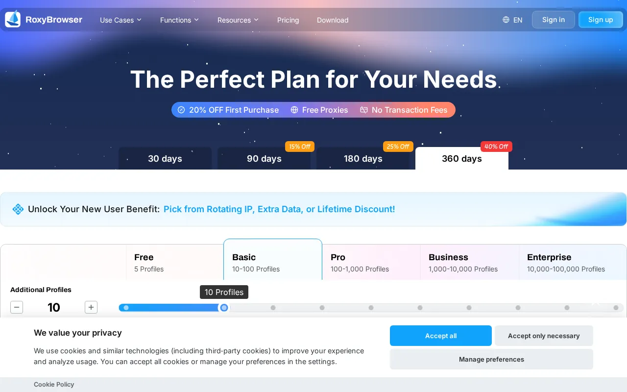 RoxyBrowser — pricing page