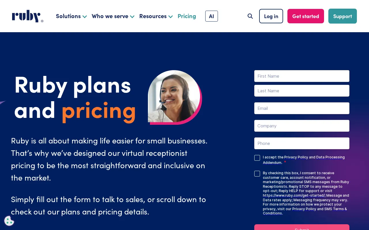 Ruby Receptionists — pricing page