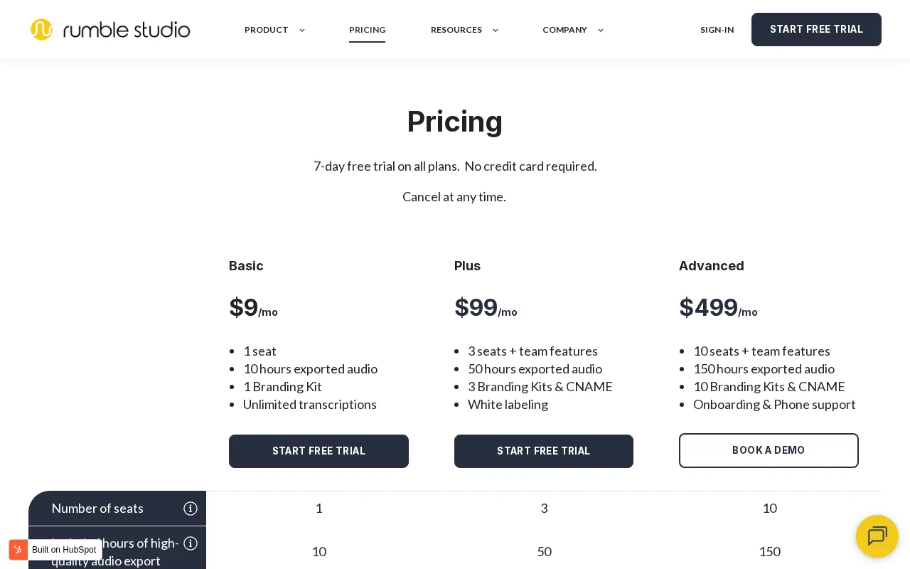 Rumble Studio — pricing page
