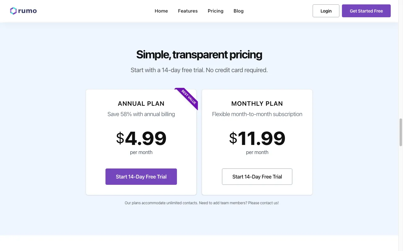 Rumo Personal CRM — pricing page