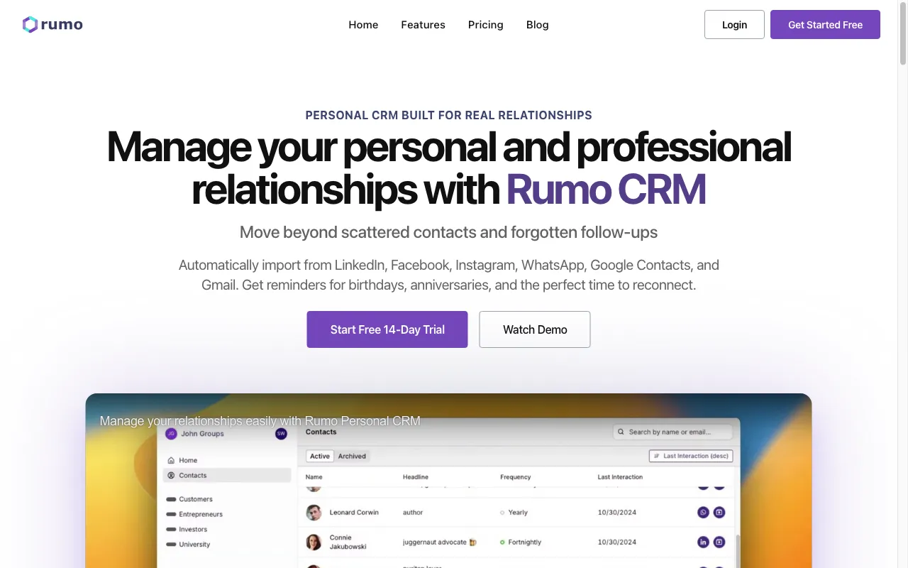 Rumo Personal CRM — preview screenshot