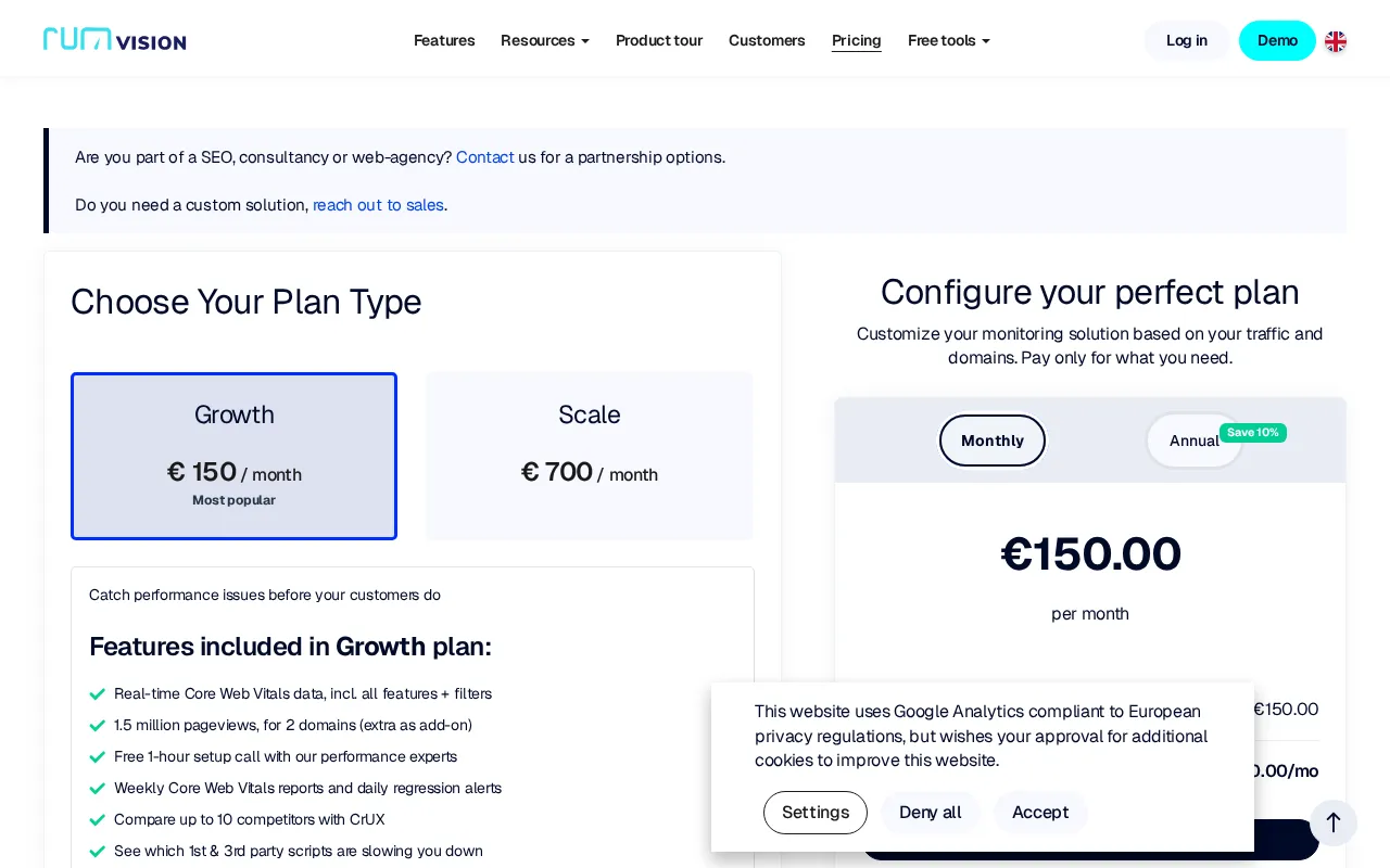 RUMvision [Real User Monitoring] — pricing page