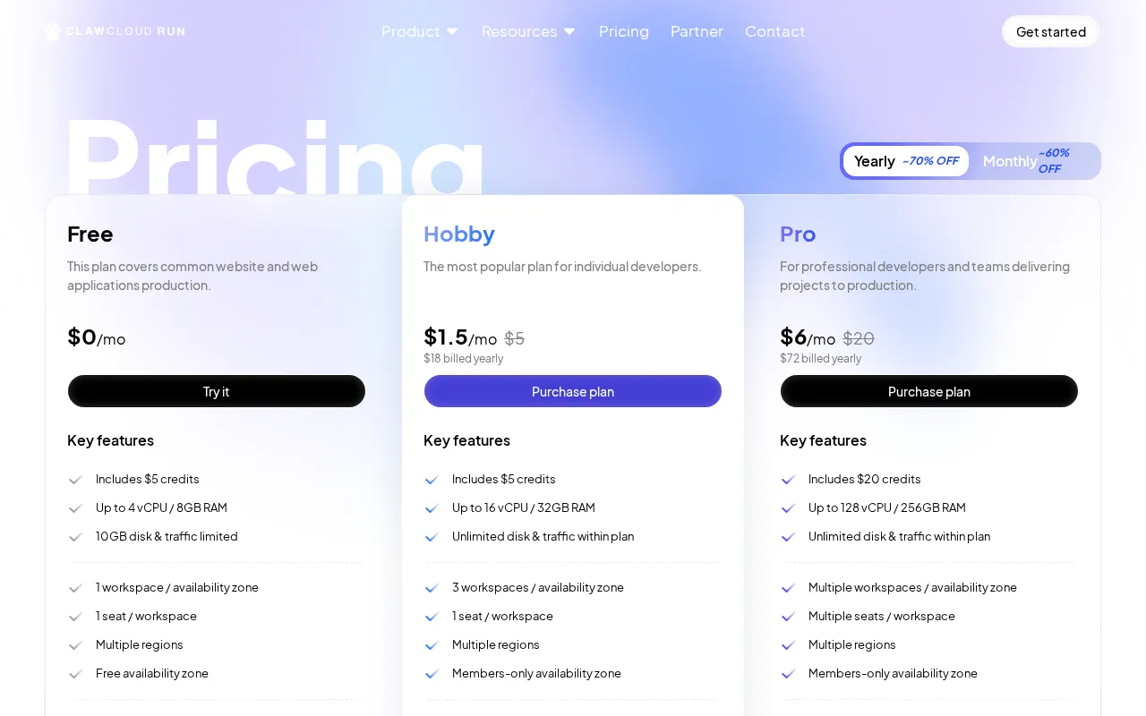 run.claw.cloud — pricing page
