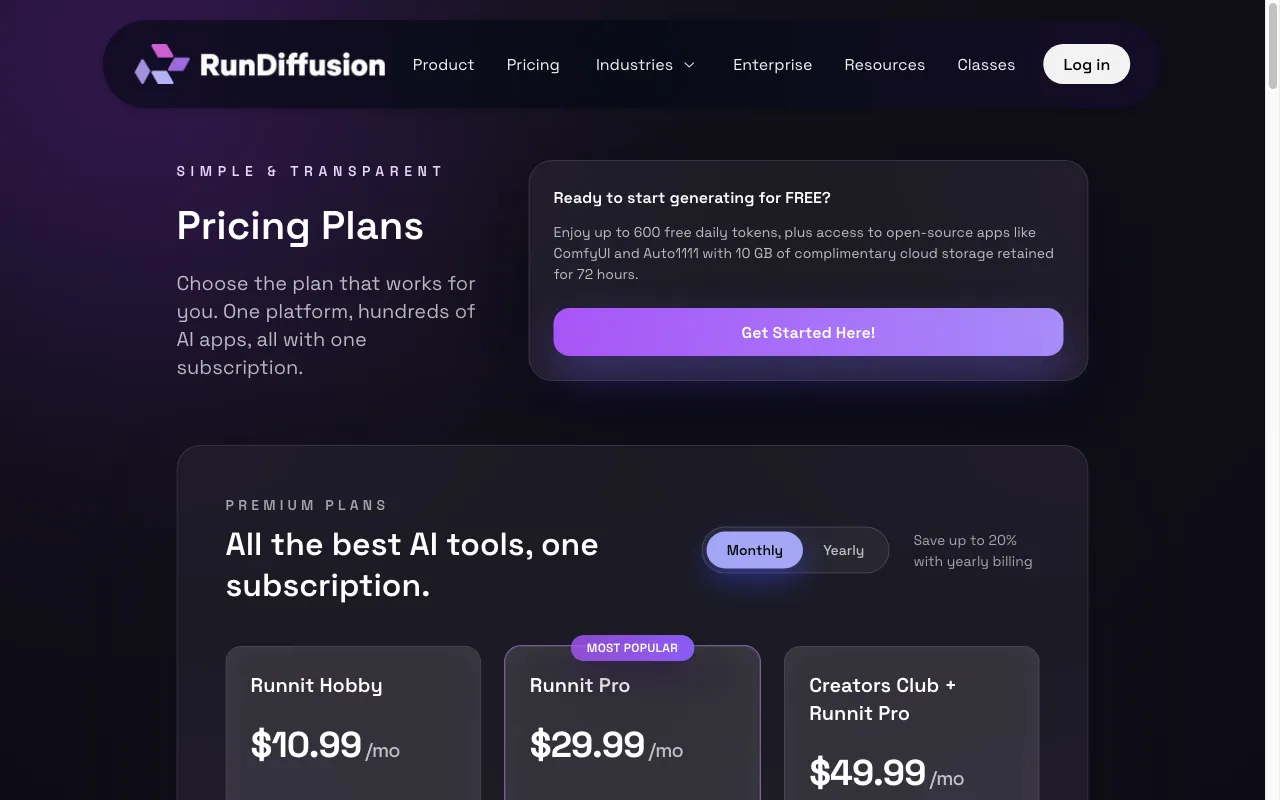 RunDiffusion — pricing page
