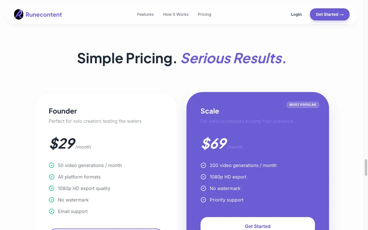 Runecontent AI — pricing page
