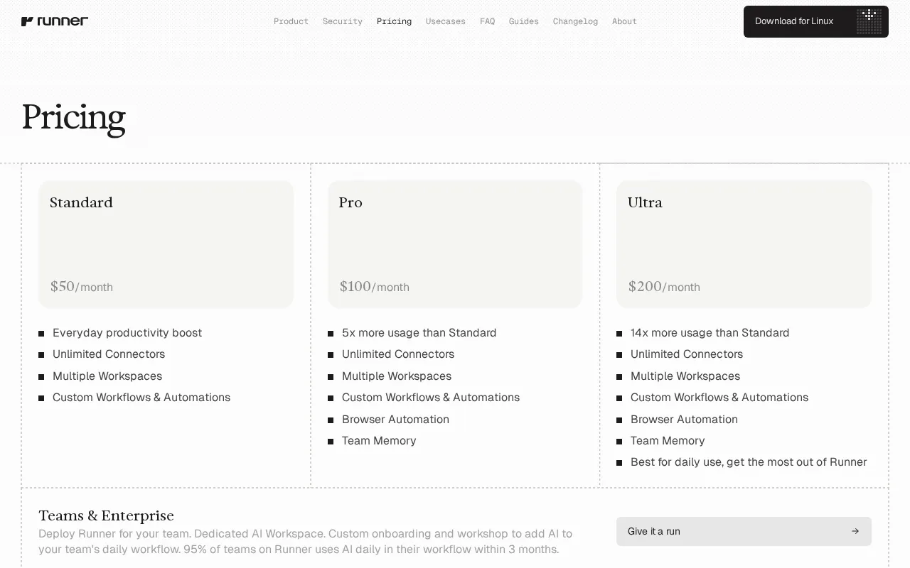 Runner — pricing page