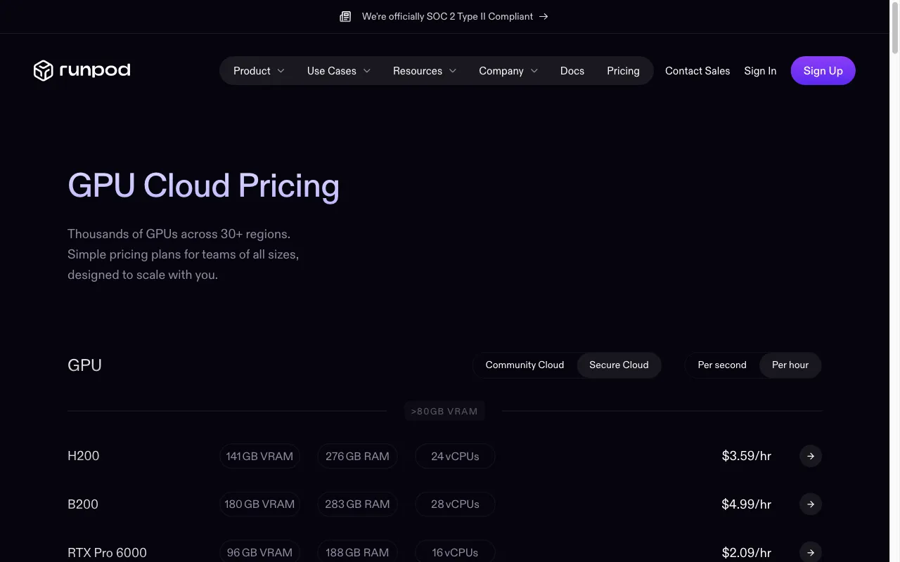 RunPod — pricing page