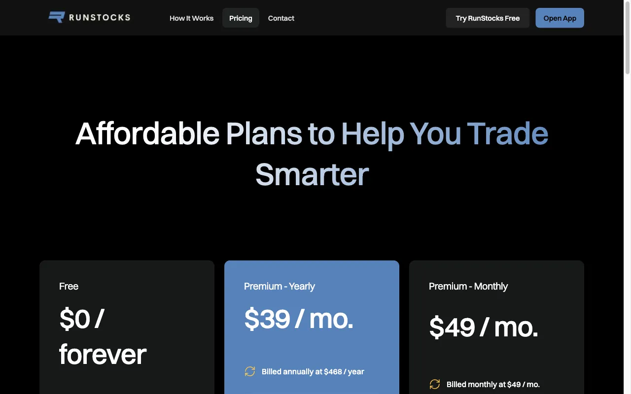 RunStocks — pricing page