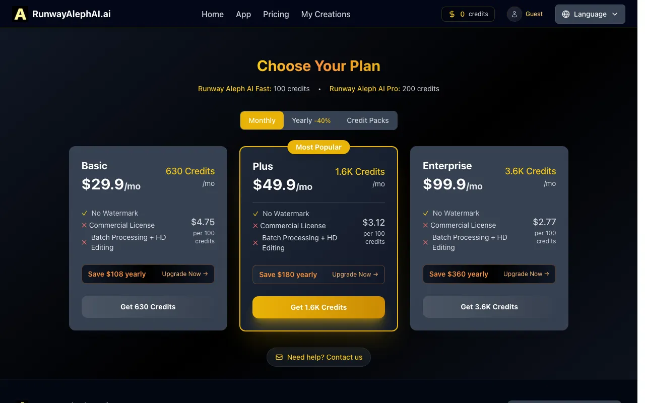 RunwayAlephAI.ai — pricing page