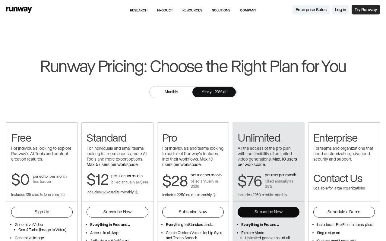 Runway — pricing page
