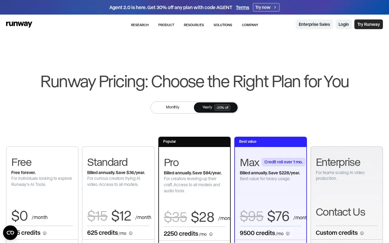 RunwayML Experiments — pricing page