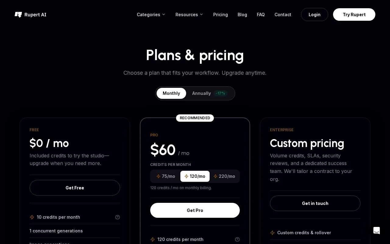 Rupert AI — pricing page
