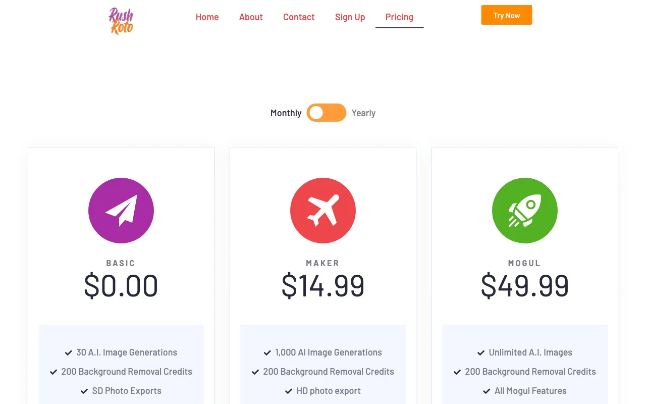 RushRoto Studio - Product Photos made instantly with A.I. — pricing page