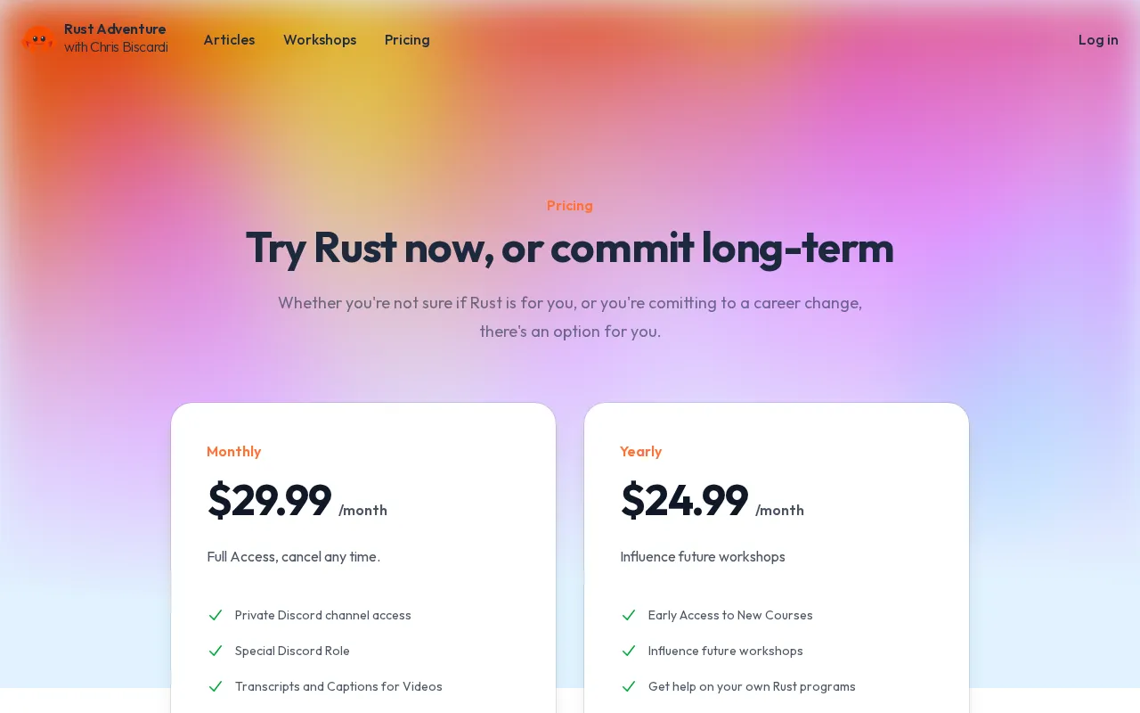 Rust Adventure — pricing page