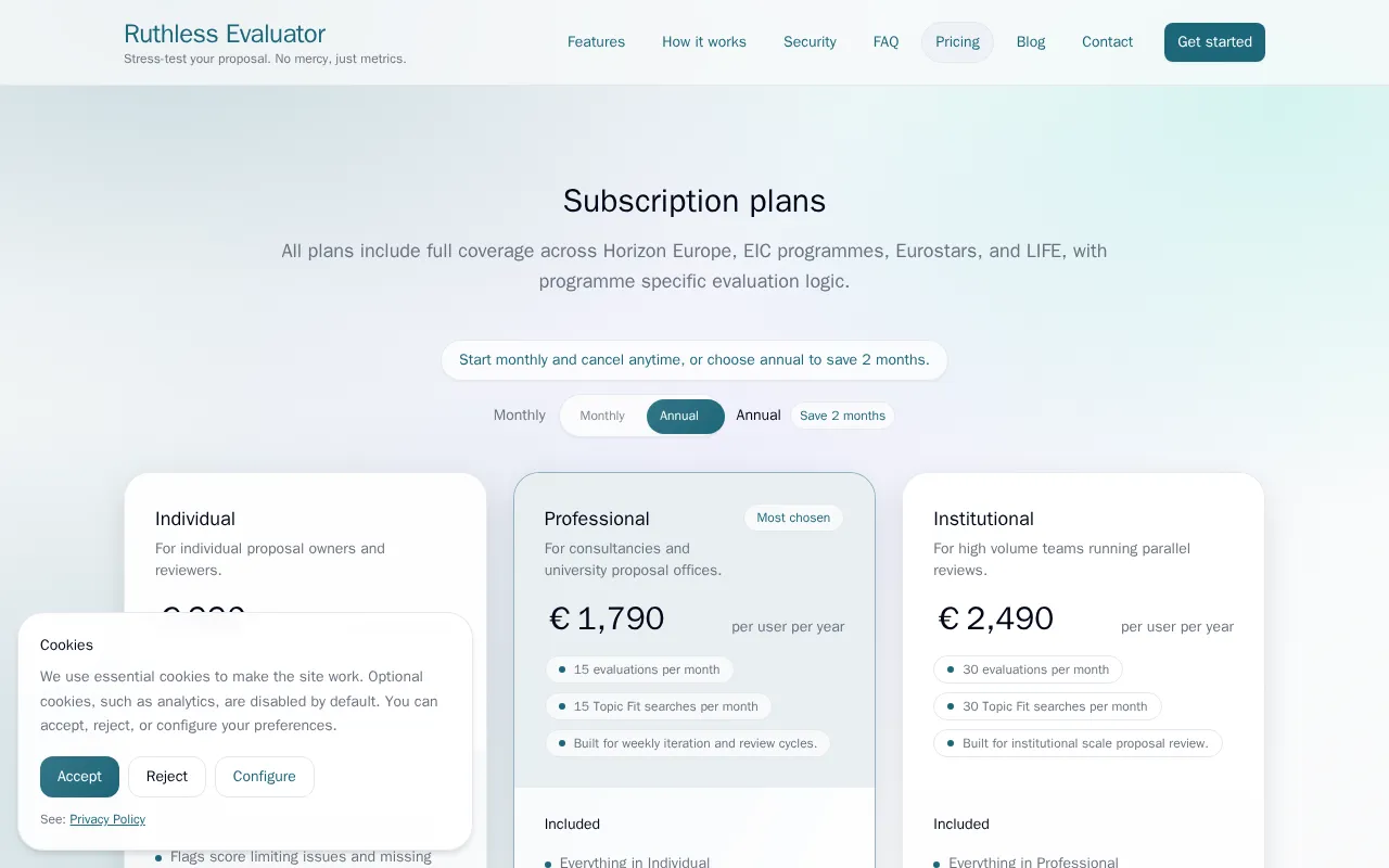 Ruthless Evaluator — pricing page