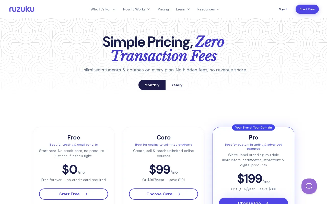 Ruzuku — pricing page