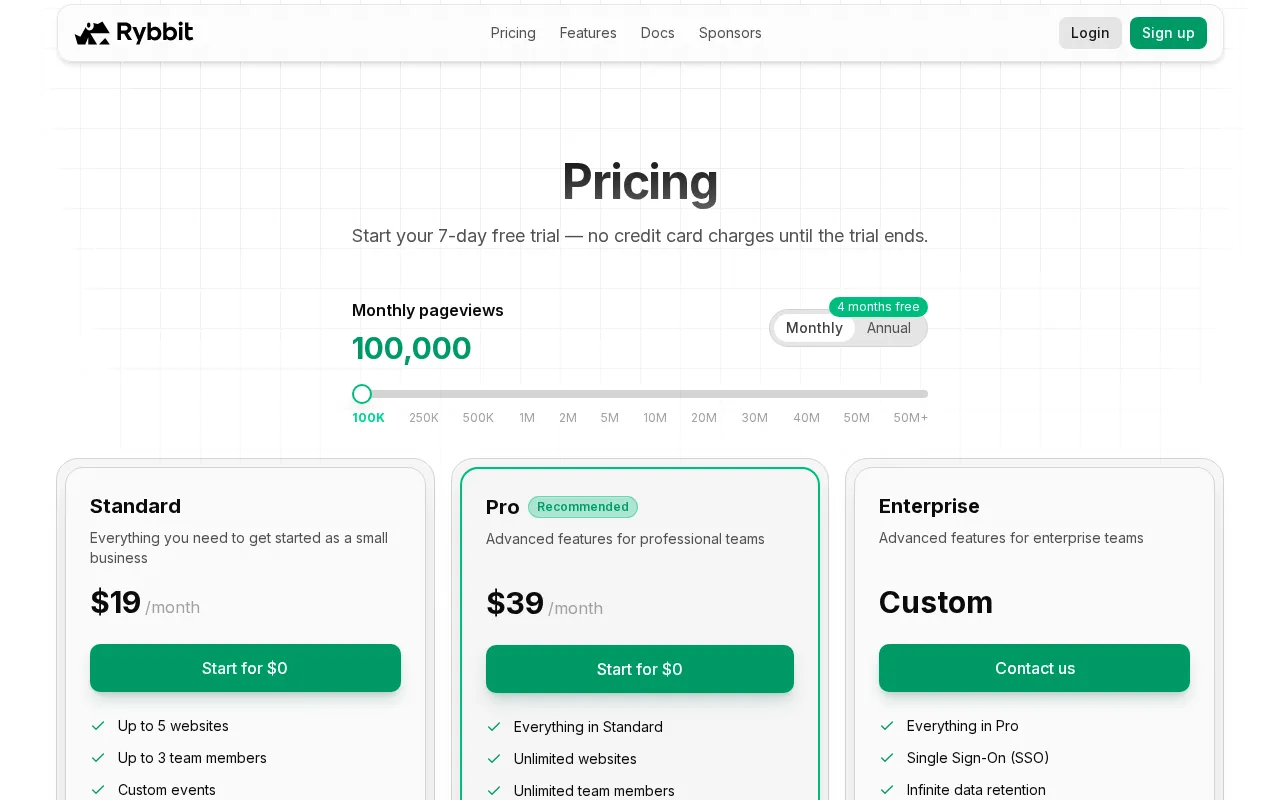 Rybbit — pricing page