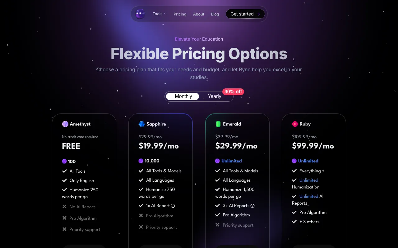 Ryne AI — pricing page