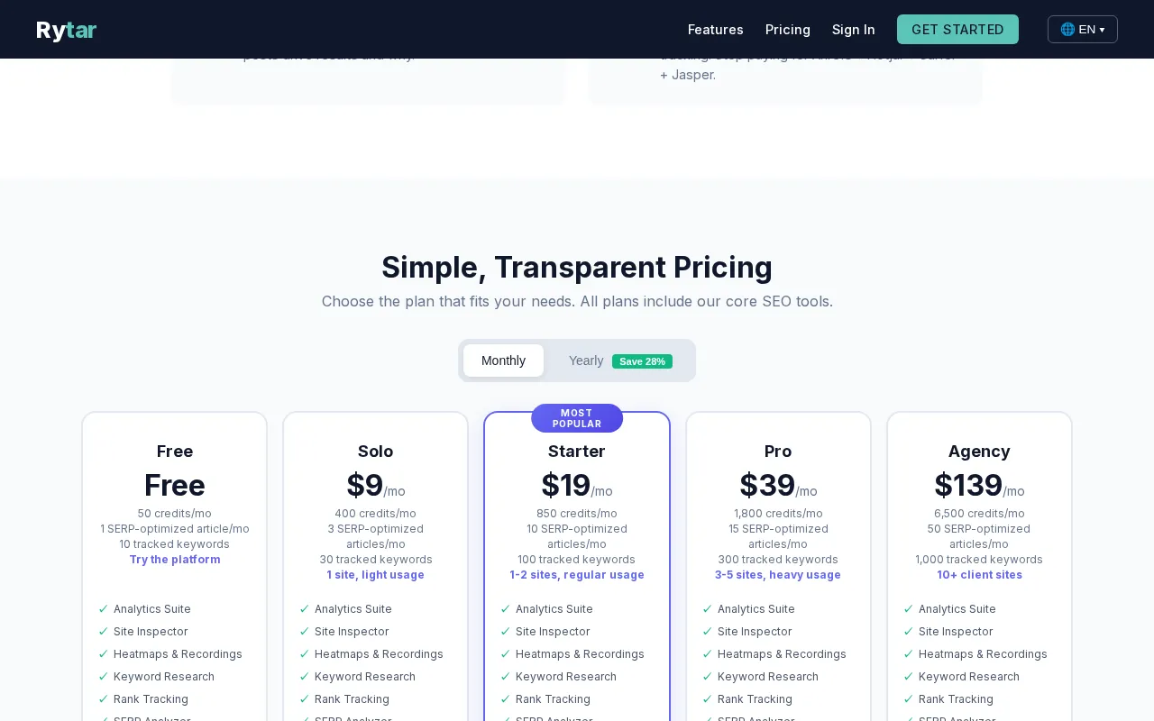 Rytar — pricing page
