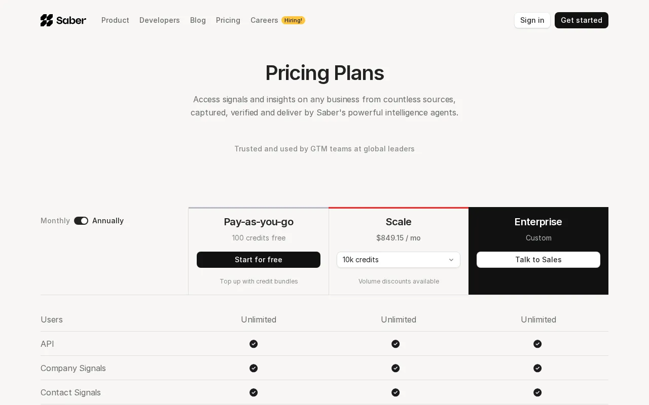 Saber — pricing page