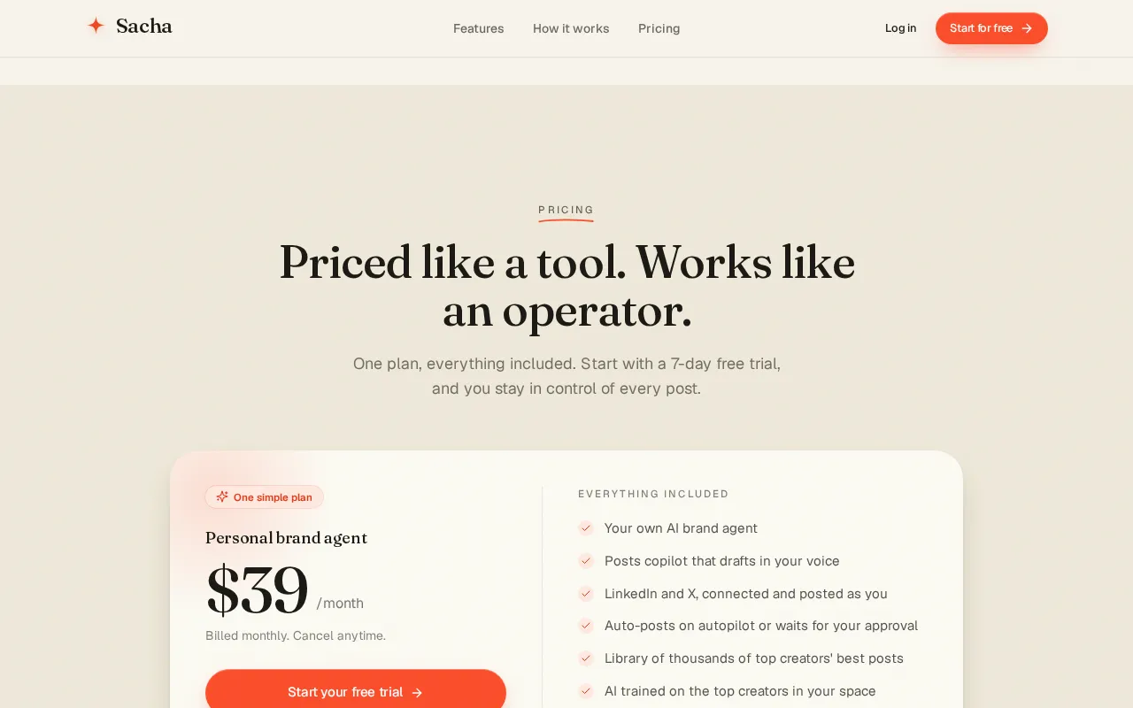 Sacha — pricing page