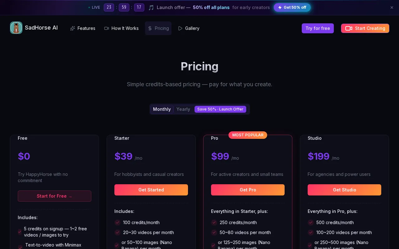 SadHorse Studio — pricing page