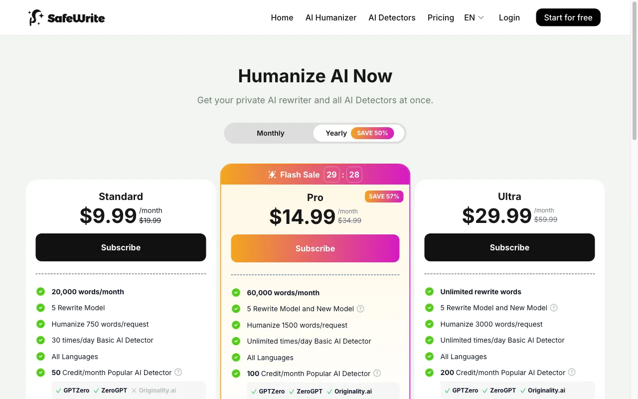 SafeNew AI — pricing page