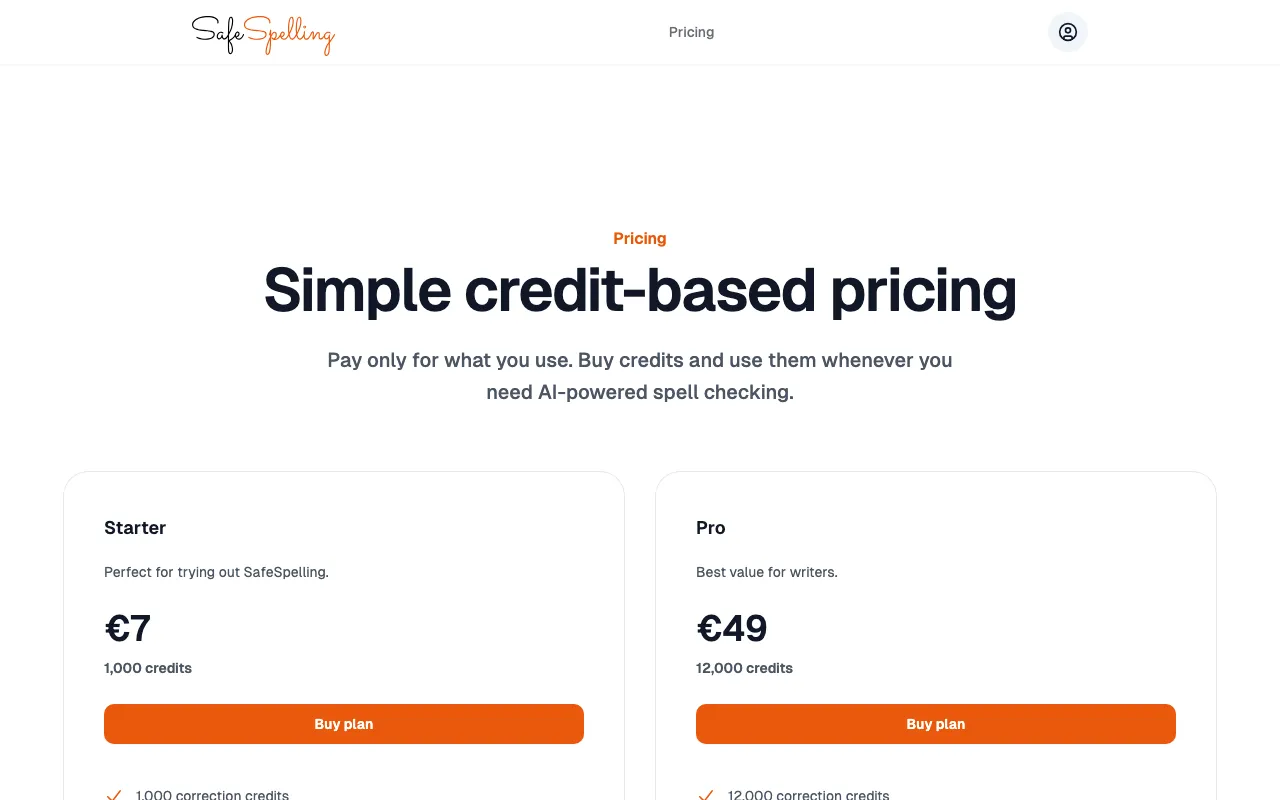 SafeSpelling — pricing page