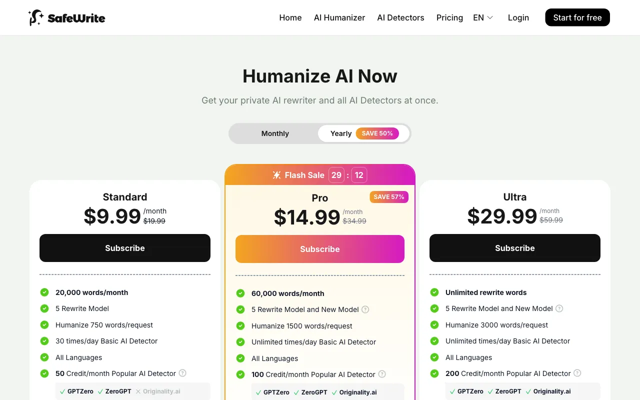 SafeWrite AI — pricing page
