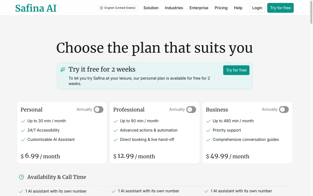Safina AI — pricing page