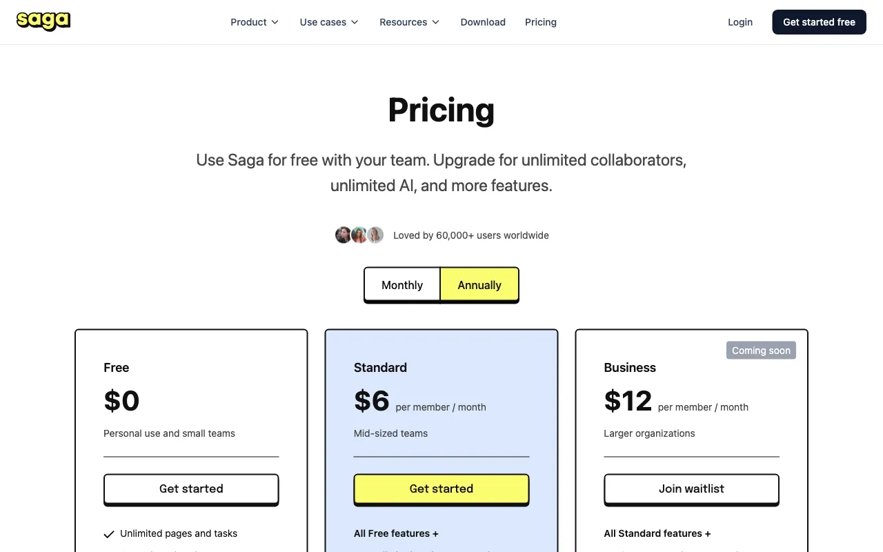 Saga AI — pricing page